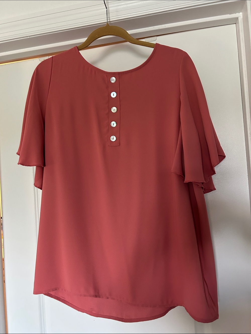Womens Coral Flutter Sleeve Button Front Blouse